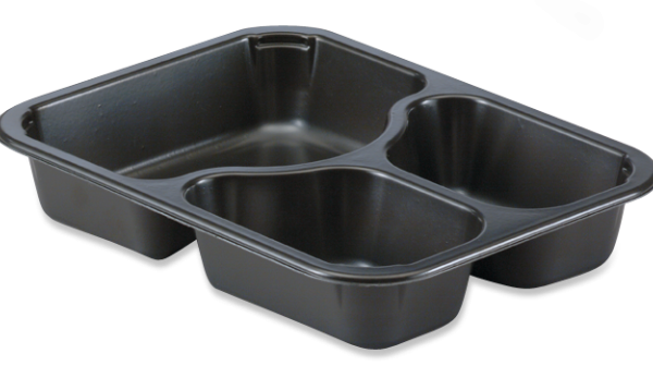Black three compartment plastic tray for prepared meals.