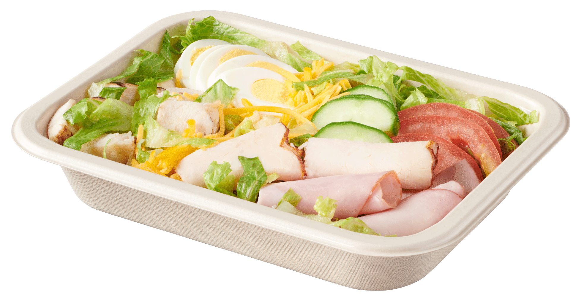 Single-compartment compostable salad tray with chef salad of lettuce, vegetables, sliced egg, cheese, chicken, turkey and ham.